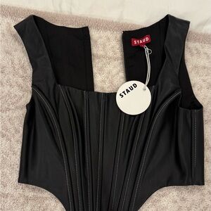 STAUD Black Faux Leather Corset Top with Contrast Stitching